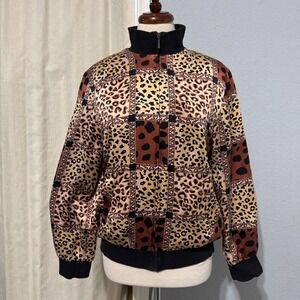Vintage Notations 100% Silk Animal Print Patchwork Bomber Jacket Brown Sz Medium